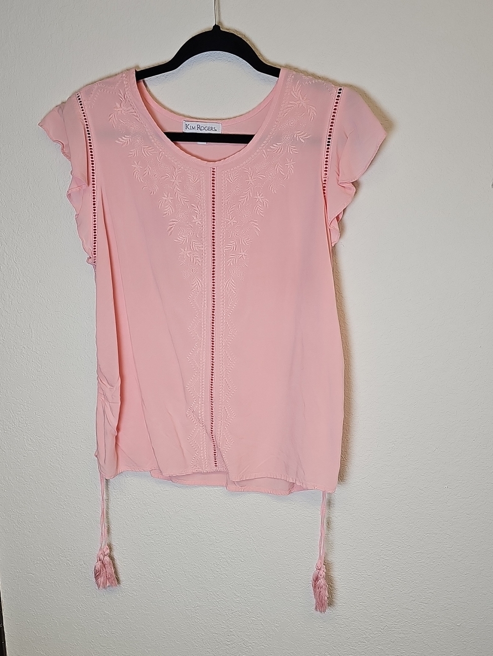 Kim Rogers Light Pink Embroidered Tassel Flutter Sleeve Top